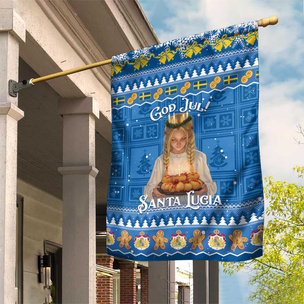 Blue Christmas garden flag with God Jul and Santa Lucia, hanging on a wooden pole