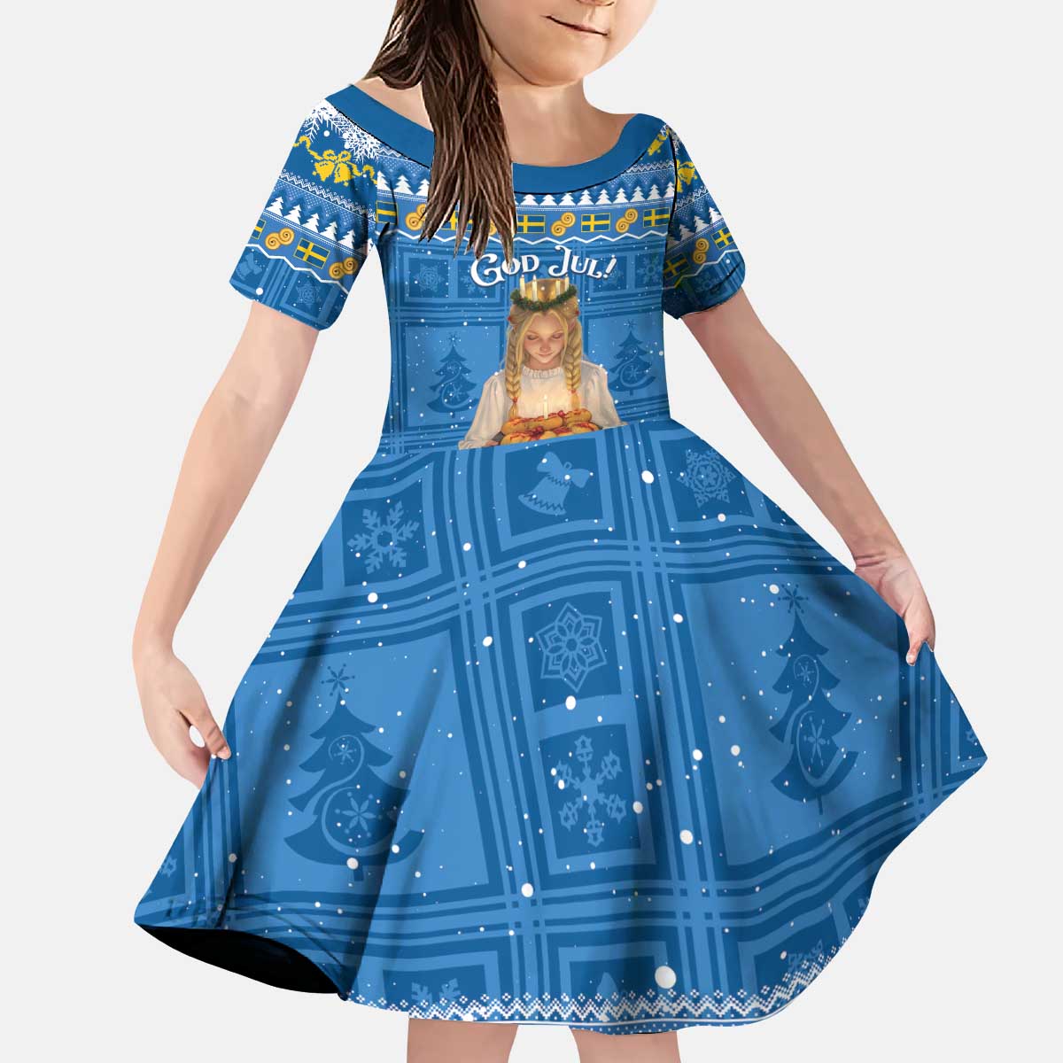 Sweden Christmas Kid Short Sleeve Dress God Jul! Santa Lucia - Wonder Print Shop