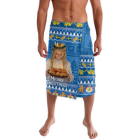 Blue Christmas lavalava skirt with Santa and "Merry Christmas" graphic