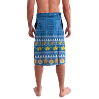 Blue Christmas lavalava skirt with holiday pattern and figures on back
