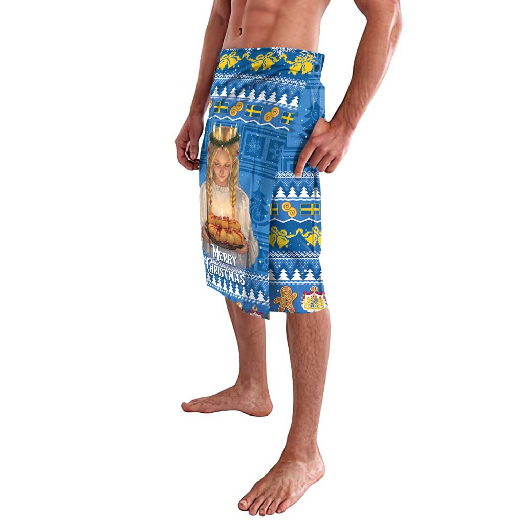 Blue Christmas lavalava skirt side view with "Merry Christmas" graphic