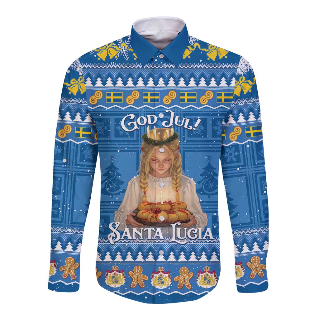 Blue long-sleeve button shirt with festive God Jul Santa Lucia front graphic