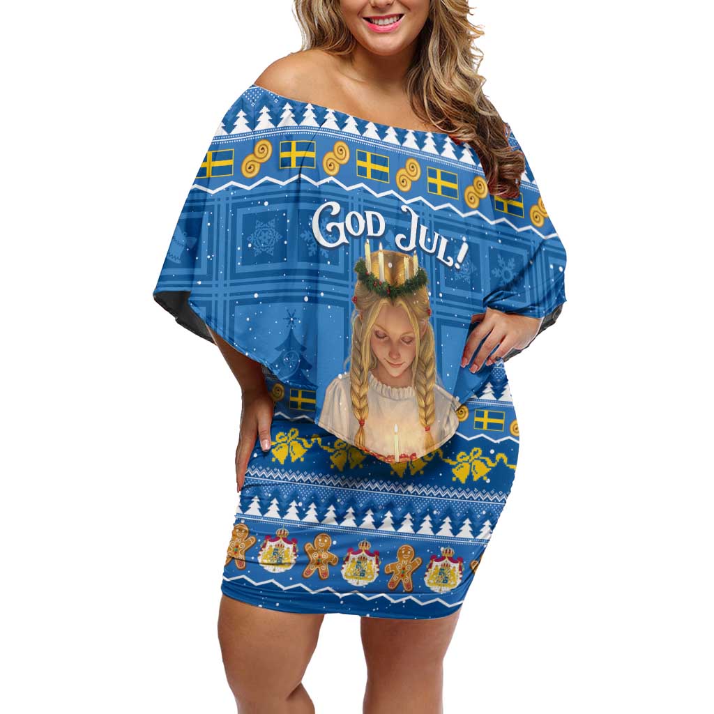 Sweden Christmas Off Shoulder Short Dress God Jul! Santa Lucia - Wonder Print Shop