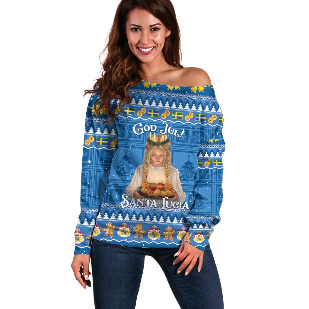 Sweden Christmas Off Shoulder Sweater God Jul! Santa Lucia - Wonder Print Shop