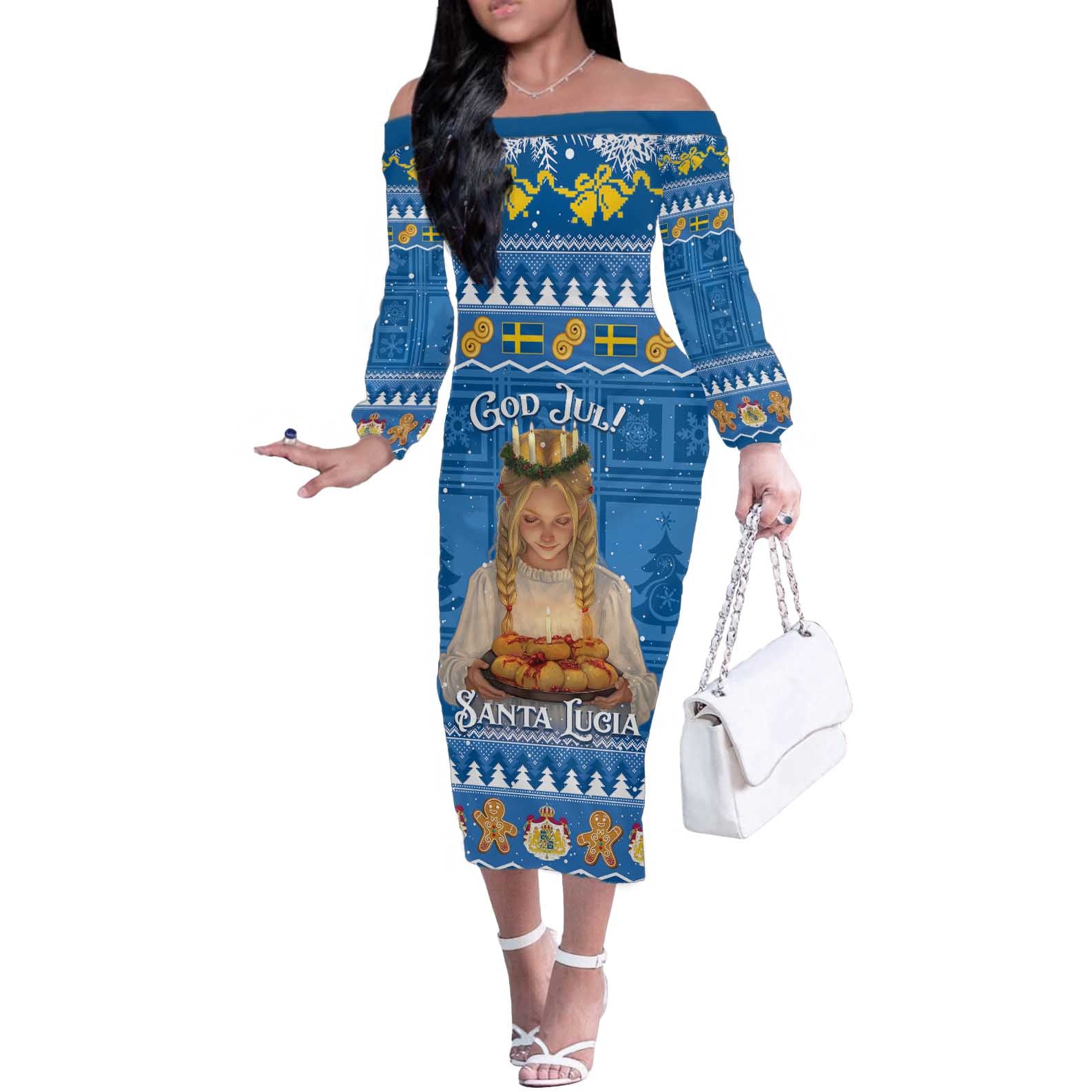 Sweden Christmas Off The Shoulder Long Sleeve Dress God Jul! Santa Lucia - Wonder Print Shop