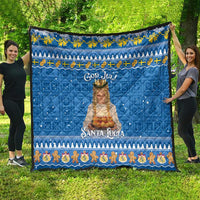 Blue God Jul Santa Lucia quilt featuring holiday border, gold ornaments, and central portrait.
