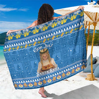 Blue Christmas sarong with God Jul and Santa Lucia print, decorative border