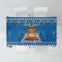 Blue holiday tablecloth with 'God Jul' text, Santa Lucia figure, and gingerbread border