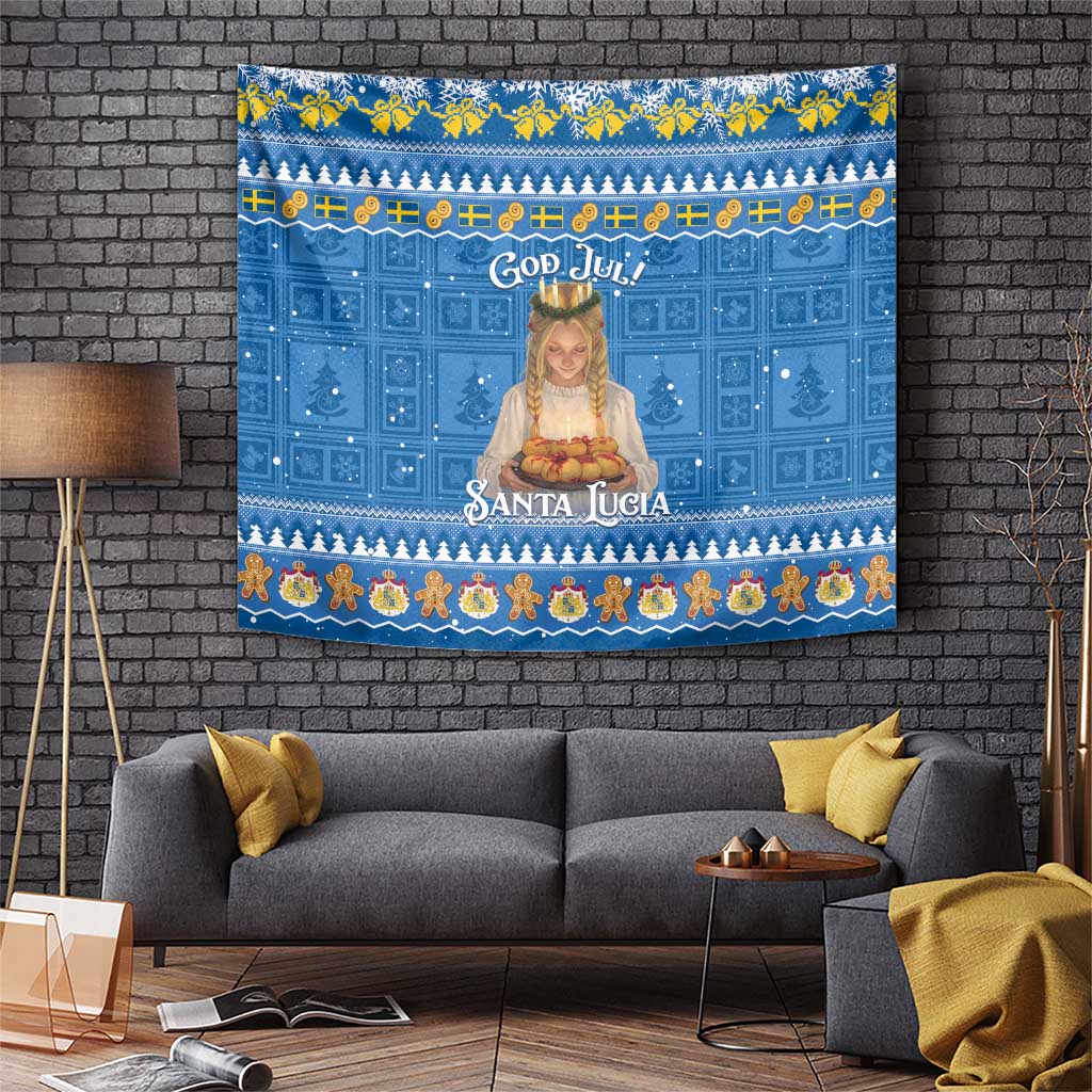 Blue Christmas tapestry with Santa Lucia figure, “God Jul!” text, and decorative border.