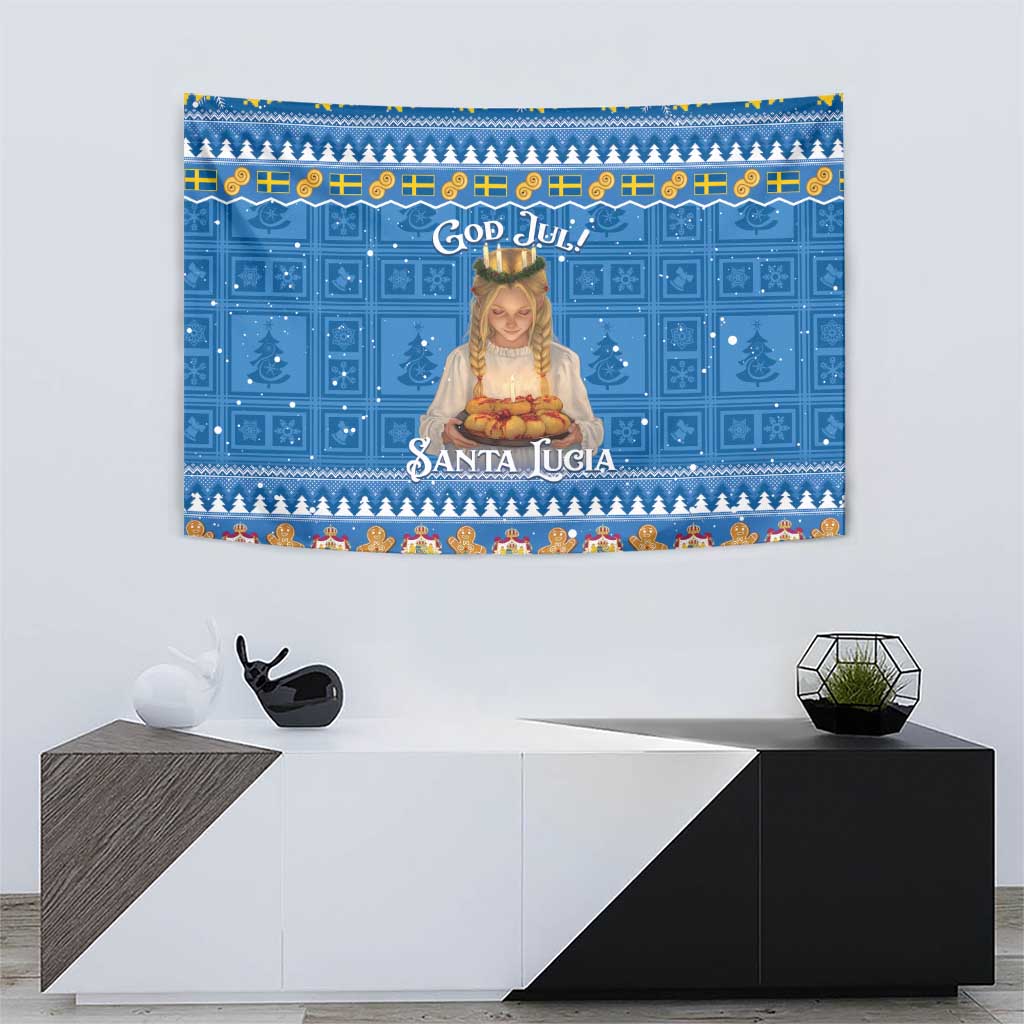 Blue Christmas tapestry with centered Santa Lucia figure and “God Jul!” plus “Santa Lucia” text.