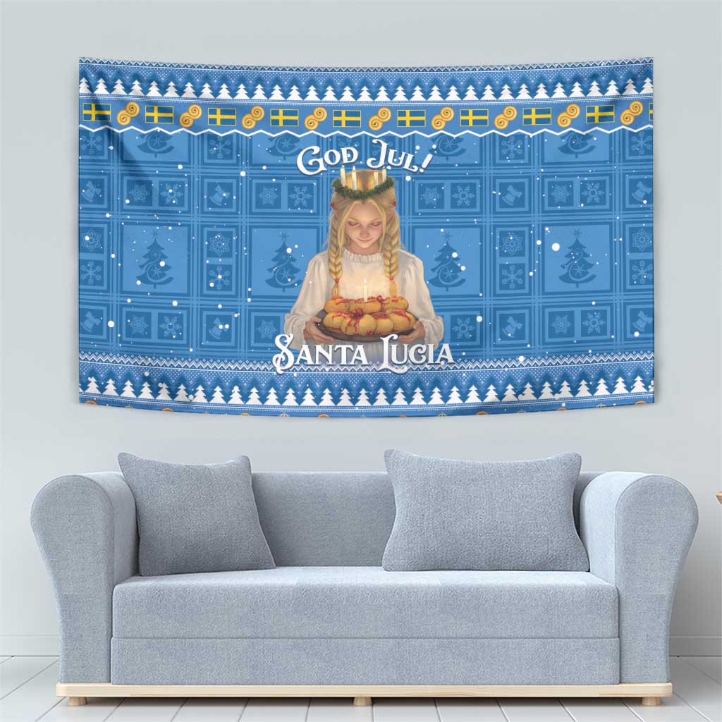 Blue Santa Lucia Christmas tapestry with “God Jul!” lettering and decorative ceiling-style patterns.