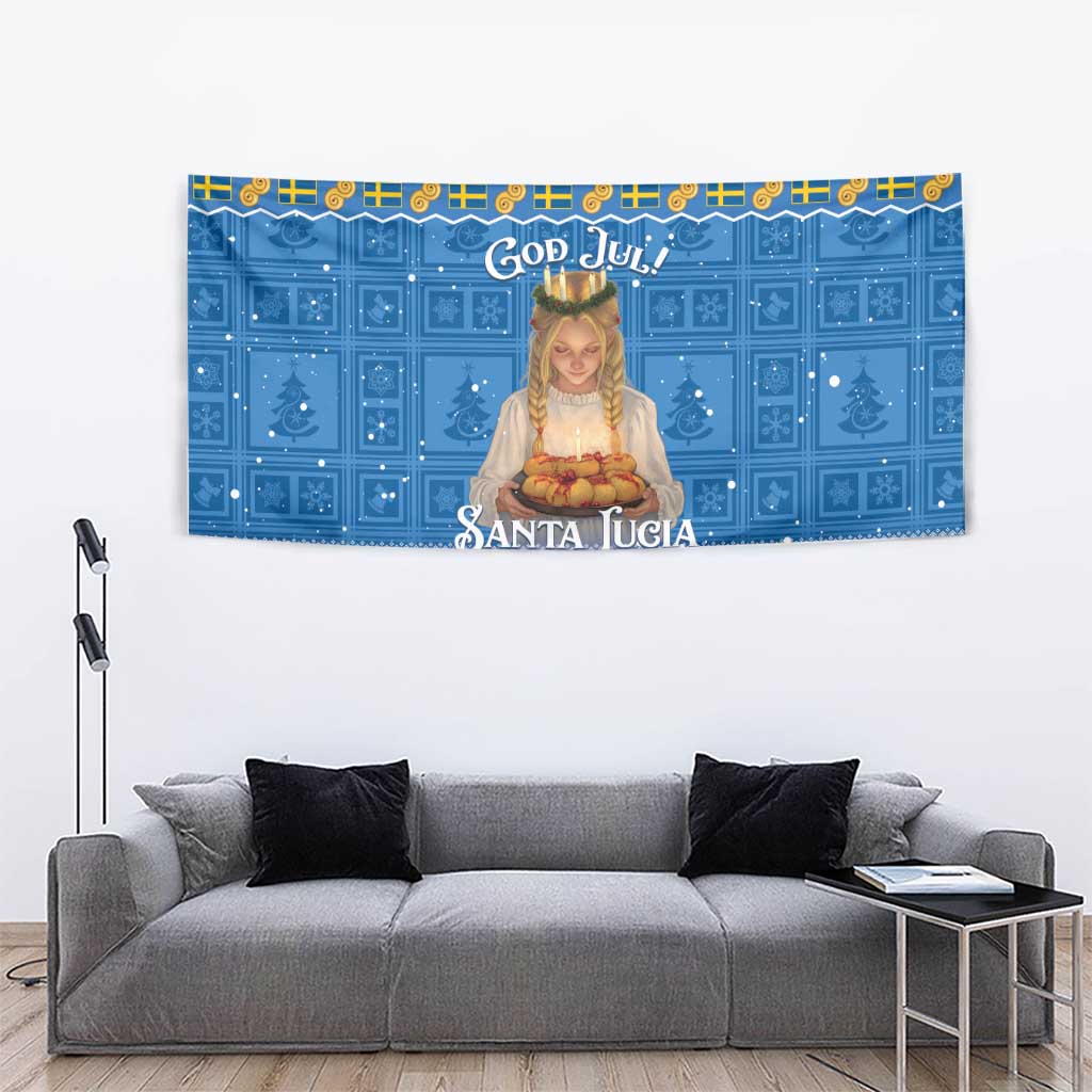 Blue wall hanging tapestry featuring Santa Lucia, “God Jul!” and “Santa Lucia” words, festive border.