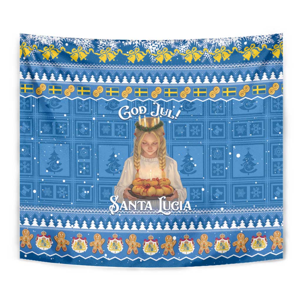Blue decorative tapestry with Santa Lucia figure, “God Jul!” text, and holiday icon border strip.