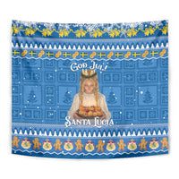 Blue decorative tapestry with Santa Lucia figure, “God Jul!” text, and holiday icon border strip.