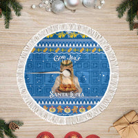 Blue circular Christmas tree skirt featuring God Jul! and Santa Lucia, white fringed border