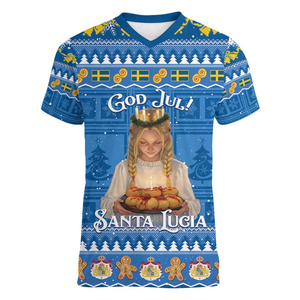 Sweden Christmas Women V-Neck T-Shirt God Jul! Santa Lucia