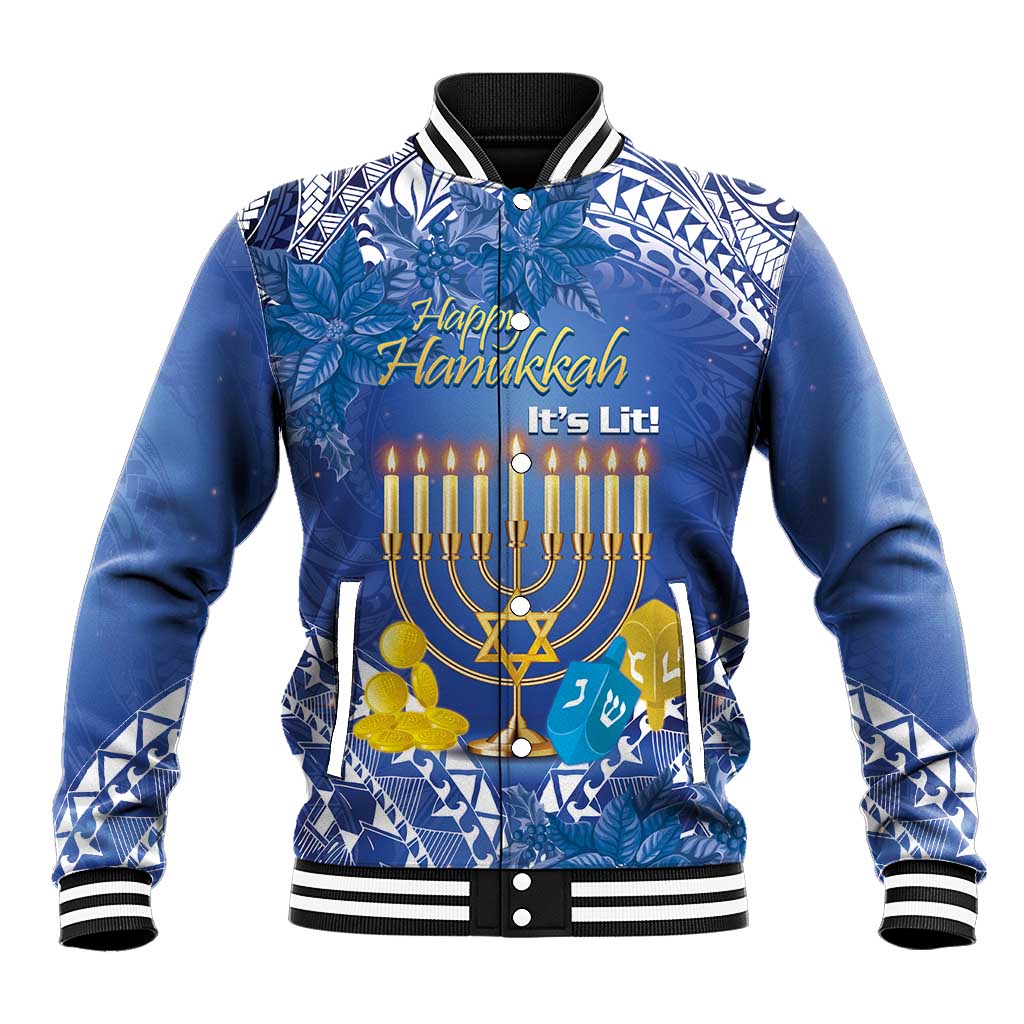 Blue baseball jacket with black ribbed collar, full-button front, Hanukkah menorah print