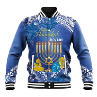 Blue baseball jacket with black ribbed collar, full-button front, Hanukkah menorah print