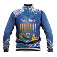 Blue baseball jacket, black ribbed collar/cuffs, back "Your Text" with menorah graphic