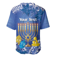 Blue Hanukkah baseball jersey, Polynesian print, menorah and “Your Text”