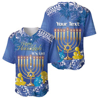 Pair of blue Hanukkah baseball jerseys, Polynesian print, menorah, “Happy Hanukkah”