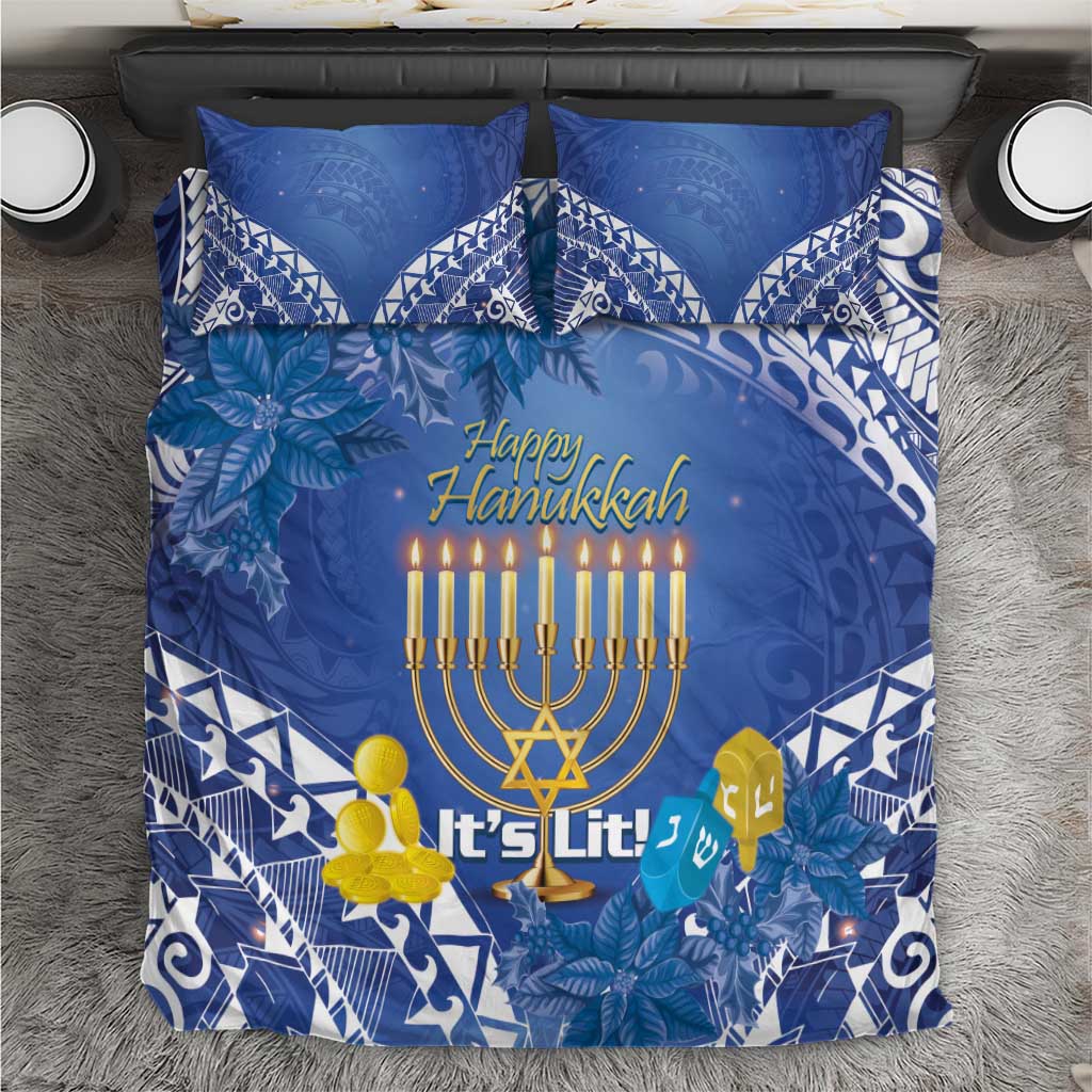 Blue Hanukkah bedding set with geometric trim, menorah and “Happy Hanukkah” text