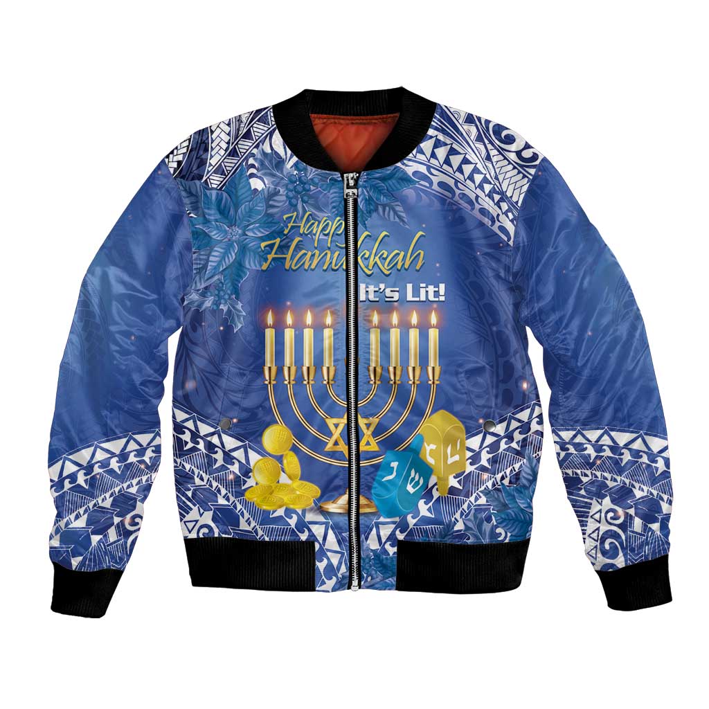 Blue Hanukkah bomber jacket with zip front, black ribbed cuffs, menorah graphic
