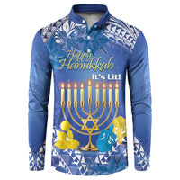 Blue button sweatshirt with lit menorah and tropical patterned front print