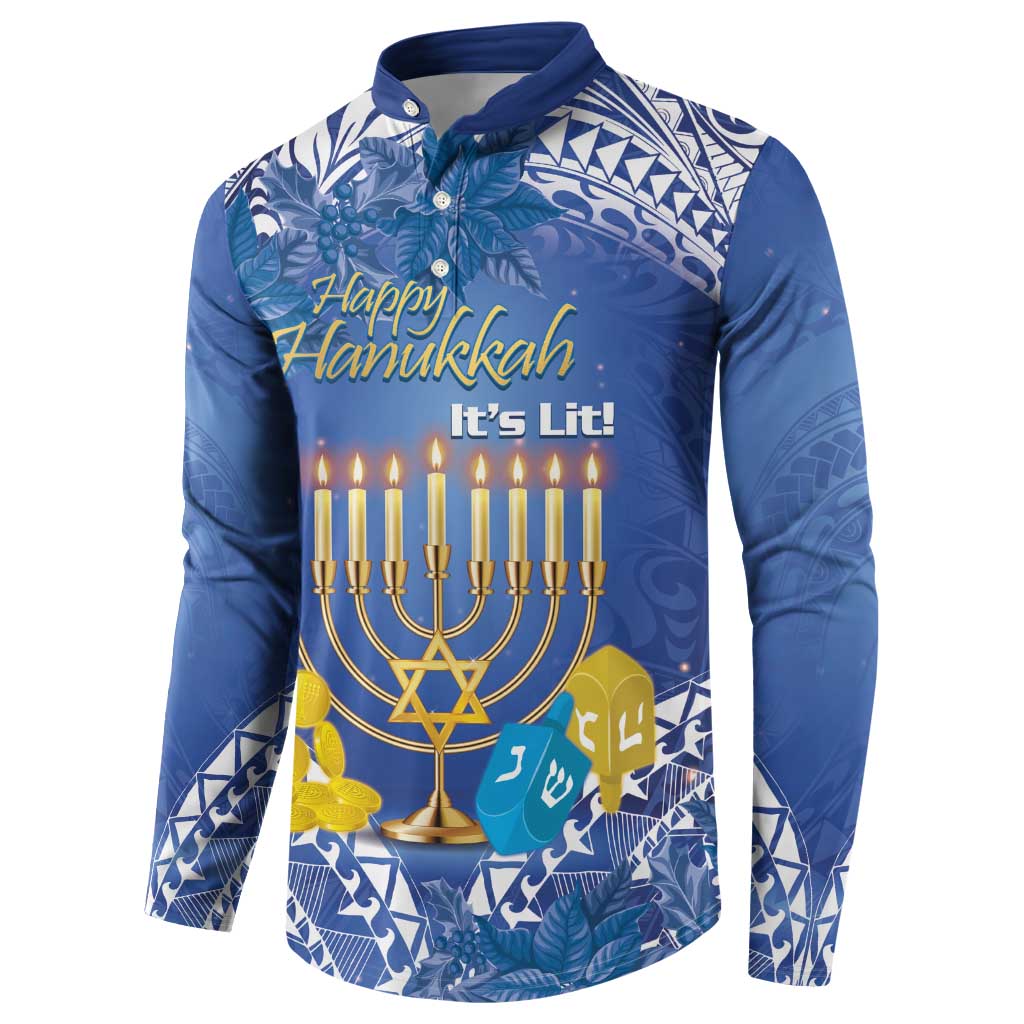 Blue button sweatshirt with Hanukkah text, lit menorah, and tropical pattern front