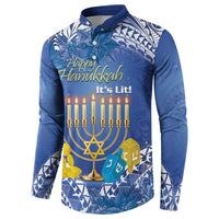 Blue button sweatshirt with Hanukkah text, lit menorah, and tropical pattern front
