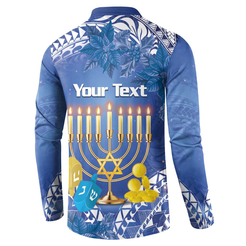 Blue button sweatshirt, back shows "Your Text" over lit menorah and tropical pattern