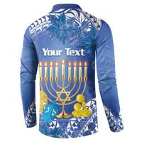 Blue button sweatshirt, back shows "Your Text" over lit menorah and tropical pattern