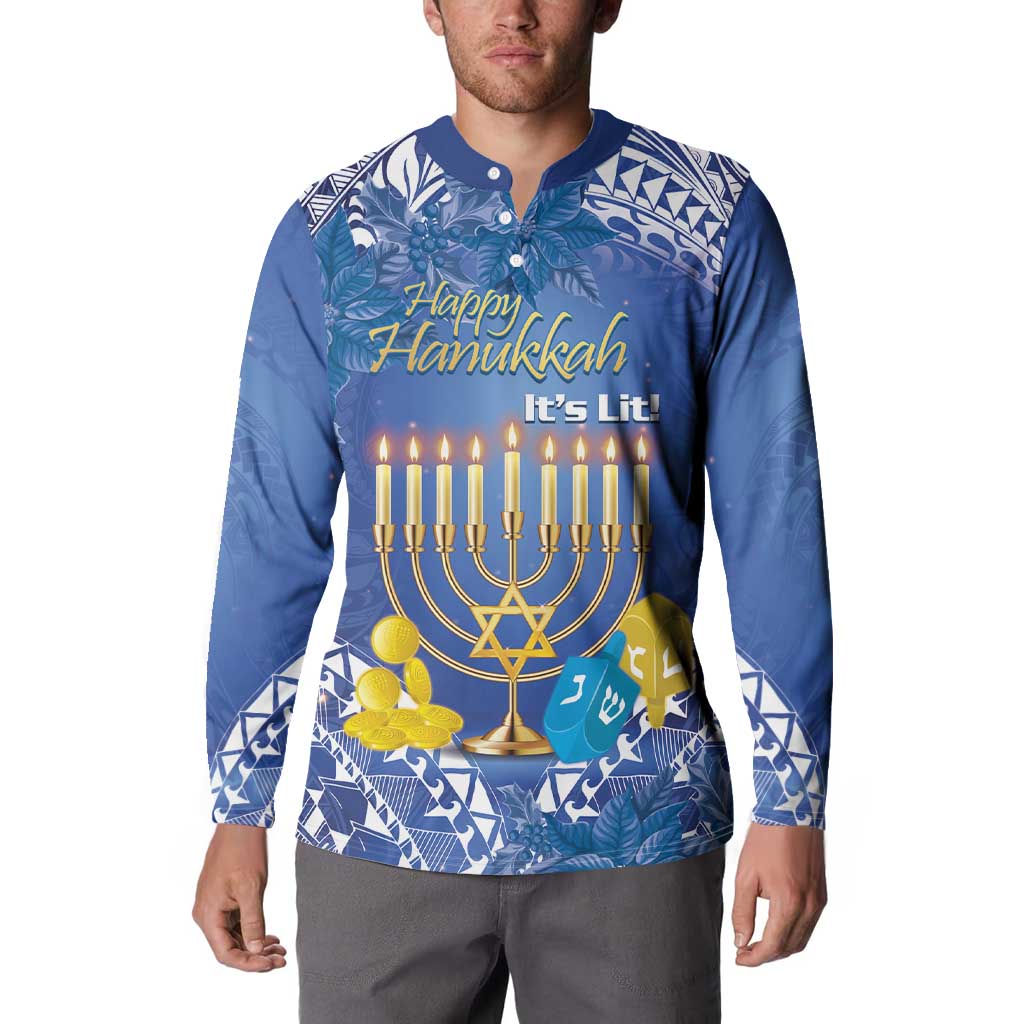 Blue button sweatshirt on model, front shows Happy Hanukkah and lit menorah tropical print