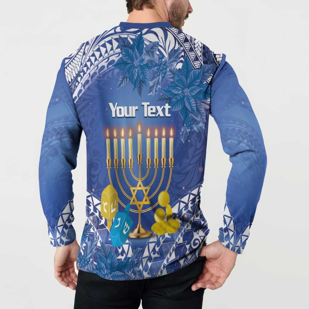 Blue button sweatshirt, back shows "Your Text" over lit menorah and tropical pattern