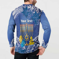 Blue button sweatshirt, back shows "Your Text" over lit menorah and tropical pattern