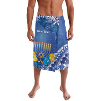 Blue printed lavalava wrap skirt with menorah candles, tropical leaves, and geometric accents