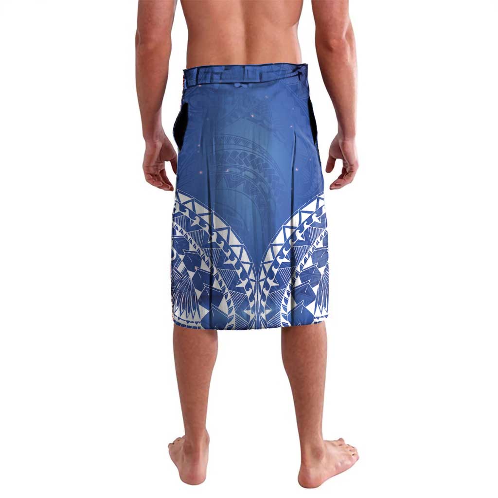 Blue lavalava wrap skirt with tribal geometric border and subtle tropical print
