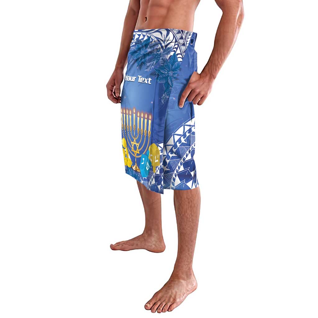 Blue printed lavalava wrap skirt with menorah graphic, palm leaves, and blue geometric hem