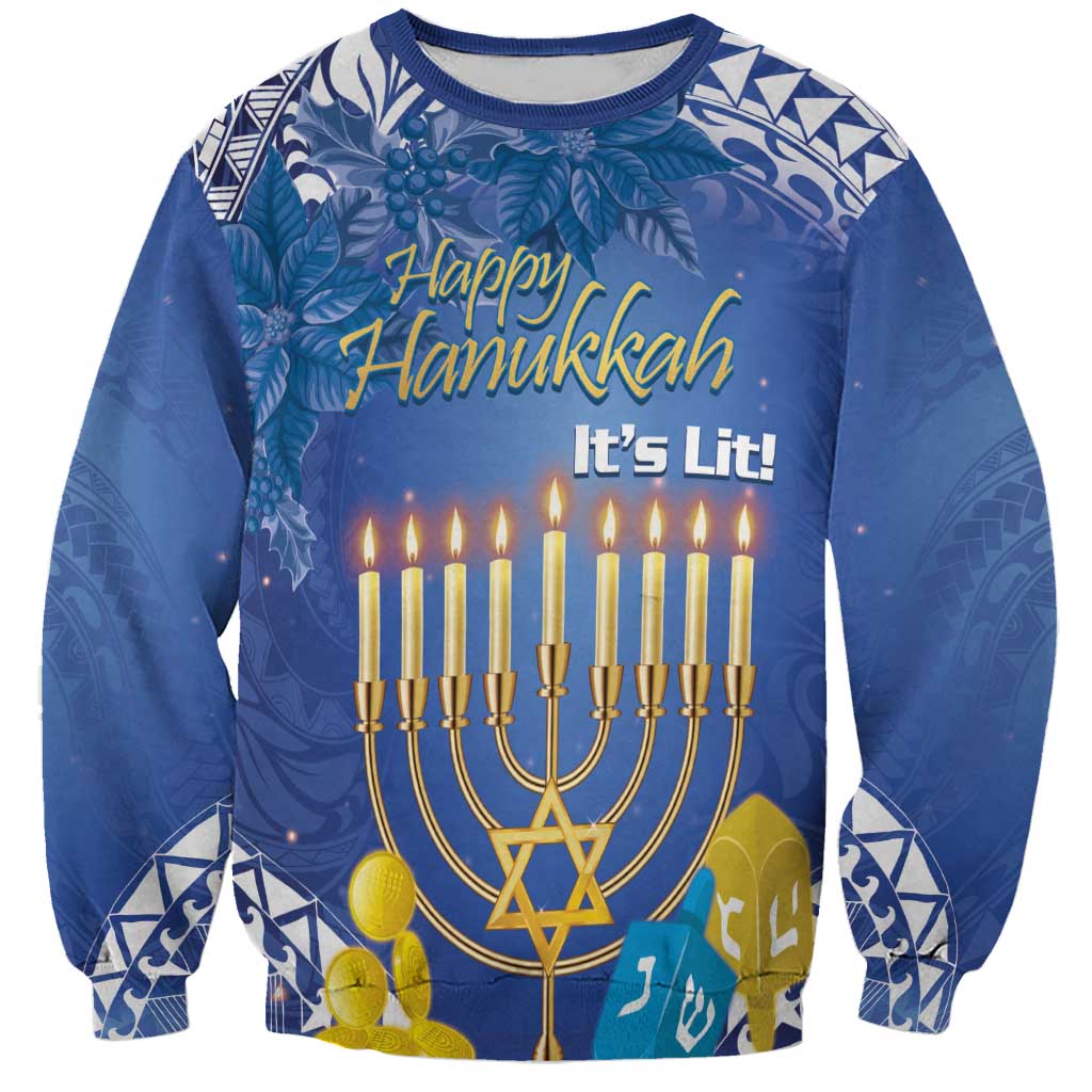 Blue unisex sweatshirt with menorah and candles graphic, “Happy Hanukkah It’s Lit!”