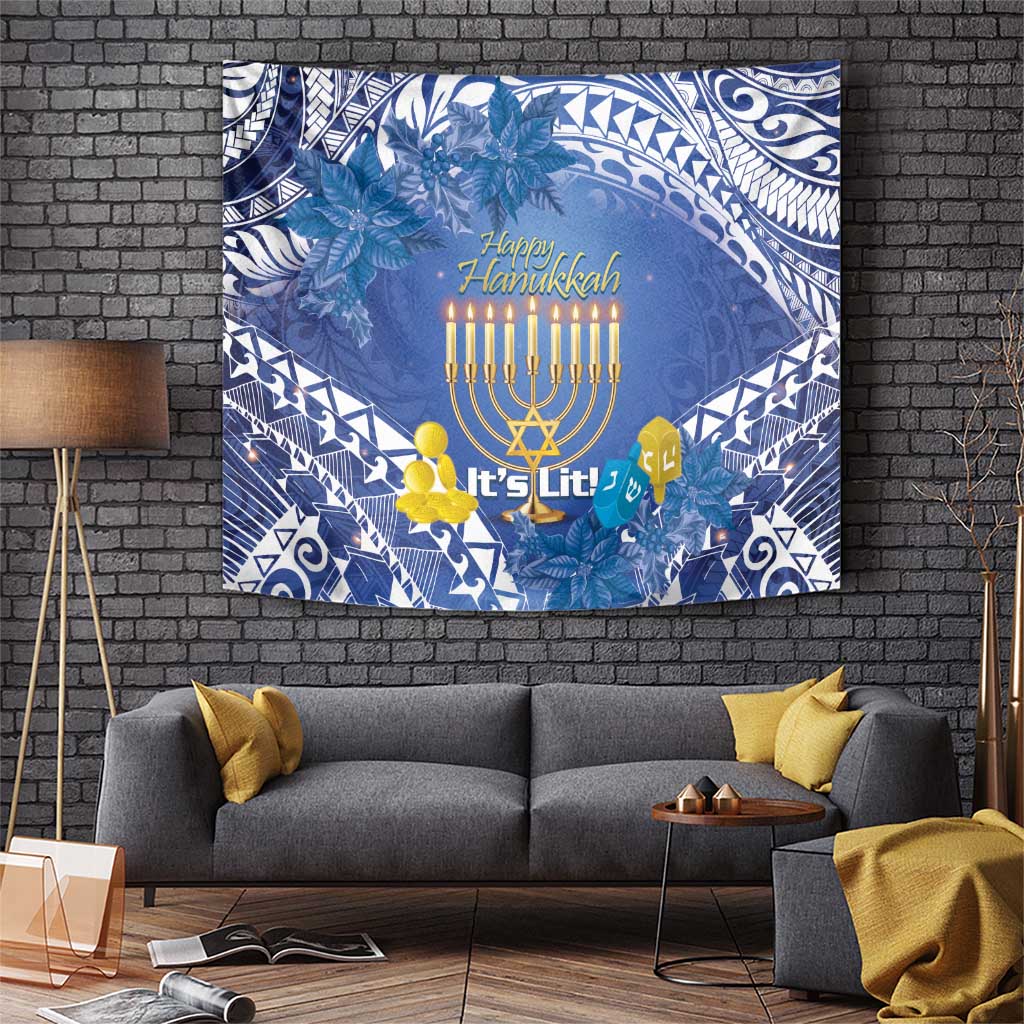 Blue Hanukkah tapestry with menorah candles, Star of David, and floral Polynesian pattern.