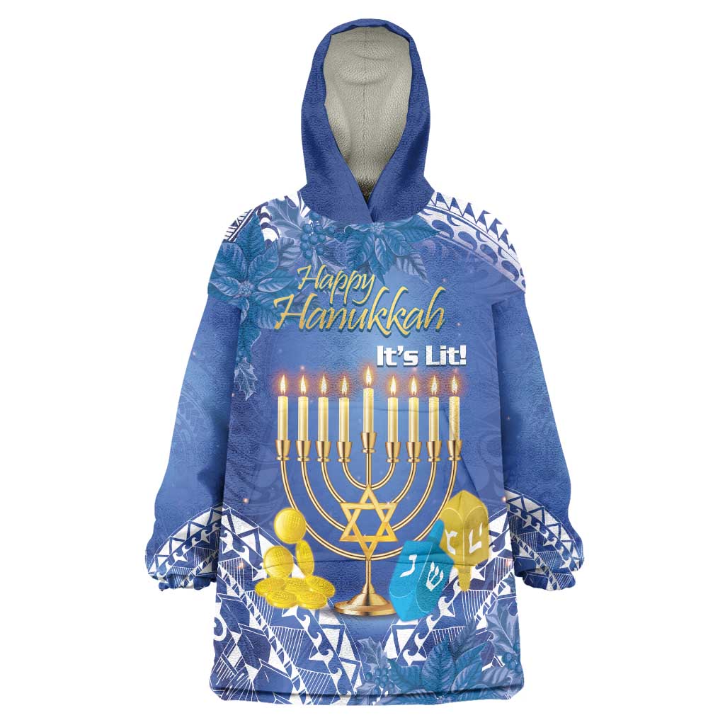 Personalised Hanukkah Jewish Festival Wearable Blanket Hoodie It's Lit - Polynesian Pattern