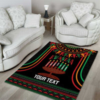 Black Kwanzaa area rug with kinara candles and geometric accents, red-green border, custom text