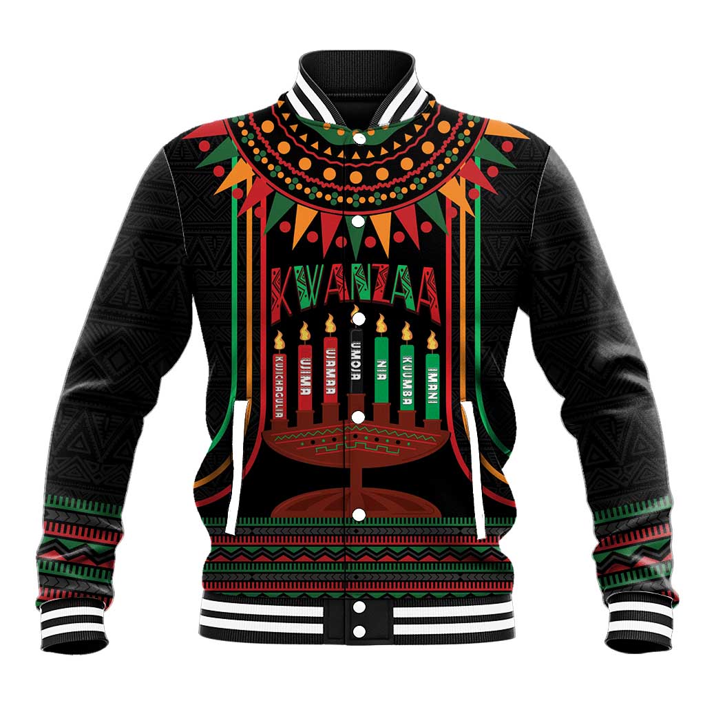 Black varsity baseball jacket with colorful Kwanzaa candle scene and patterned trim