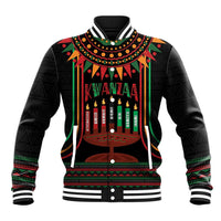 Black varsity baseball jacket with colorful Kwanzaa candle scene and patterned trim