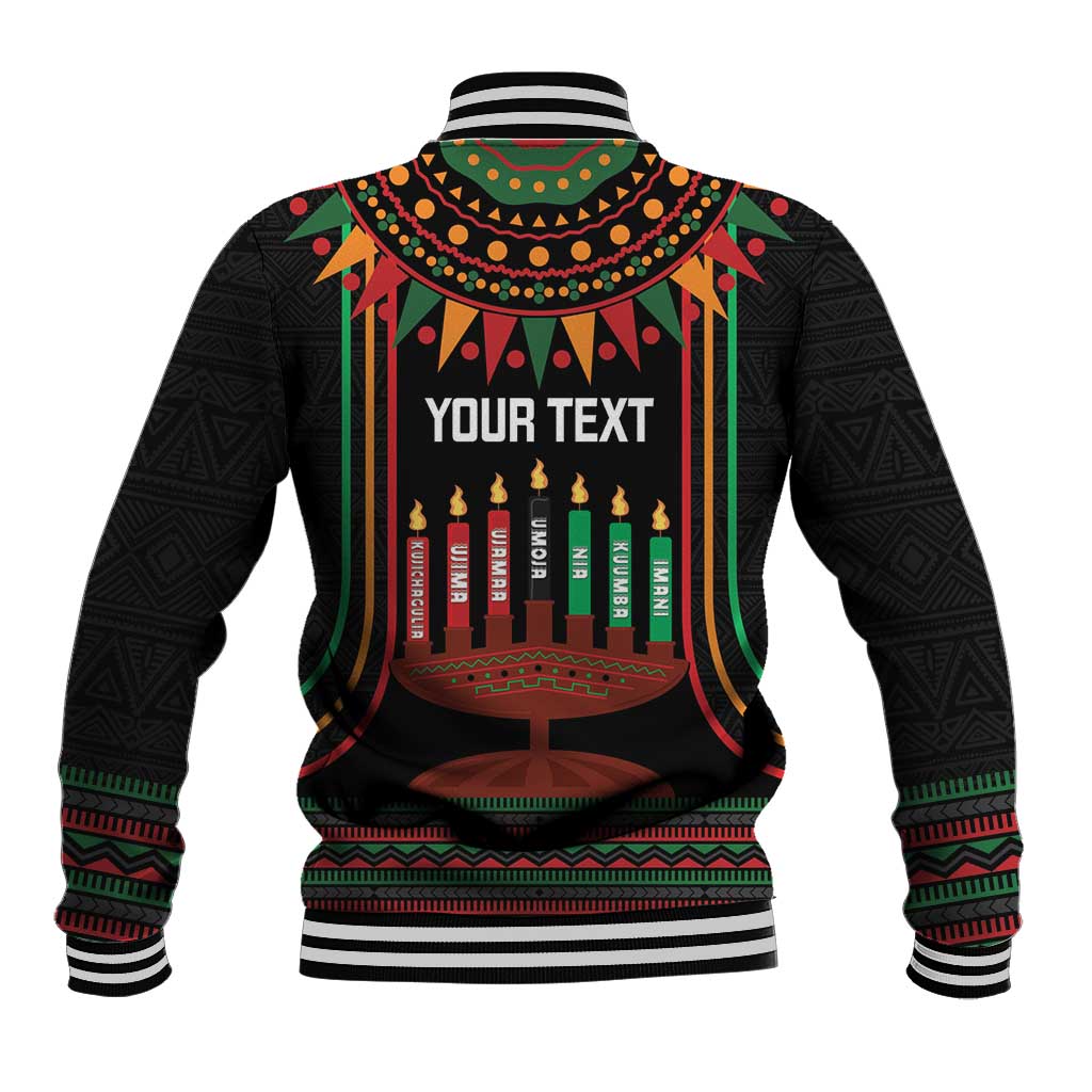Black varsity jacket with Kwanzaa candles graphic and 'YOUR TEXT' personalization