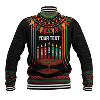 Black varsity jacket with Kwanzaa candles graphic and 'YOUR TEXT' personalization