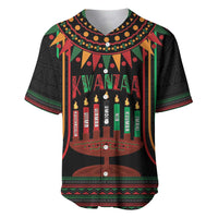 Black Kwanzaa baseball jersey with colorful kinara candle graphic and tribal border