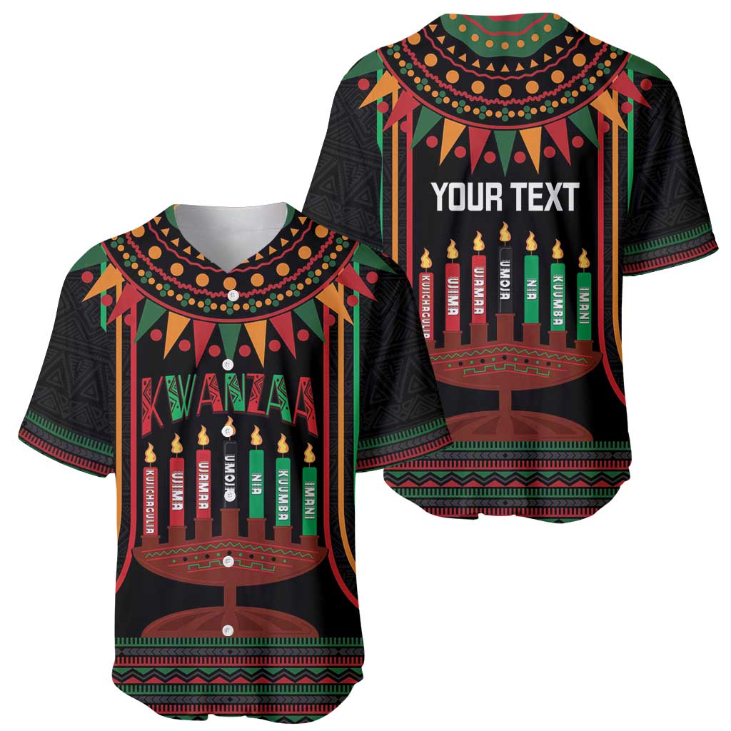 Black Kwanzaa baseball jerseys with kinara candle design, one shows 'YOUR TEXT'