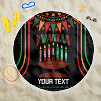 Round black Kwanzaa beach blanket with kinara candles, 'YOUR TEXT' and tassel fringe