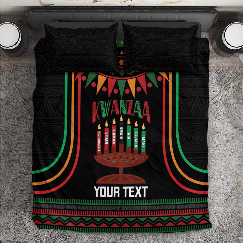 Black Kwanzaa bedding set with kinara candles and bold Your Text personalization